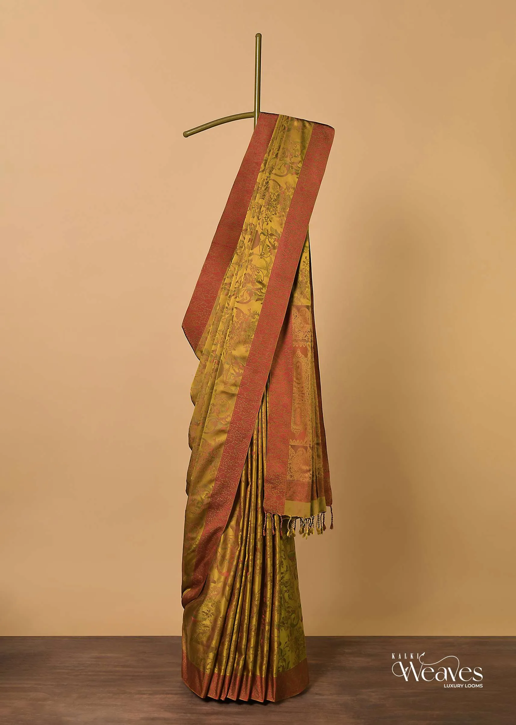 Orange Saree In South Resham Silk With Kashmiri Weave And Unstitched Blouse Fabric