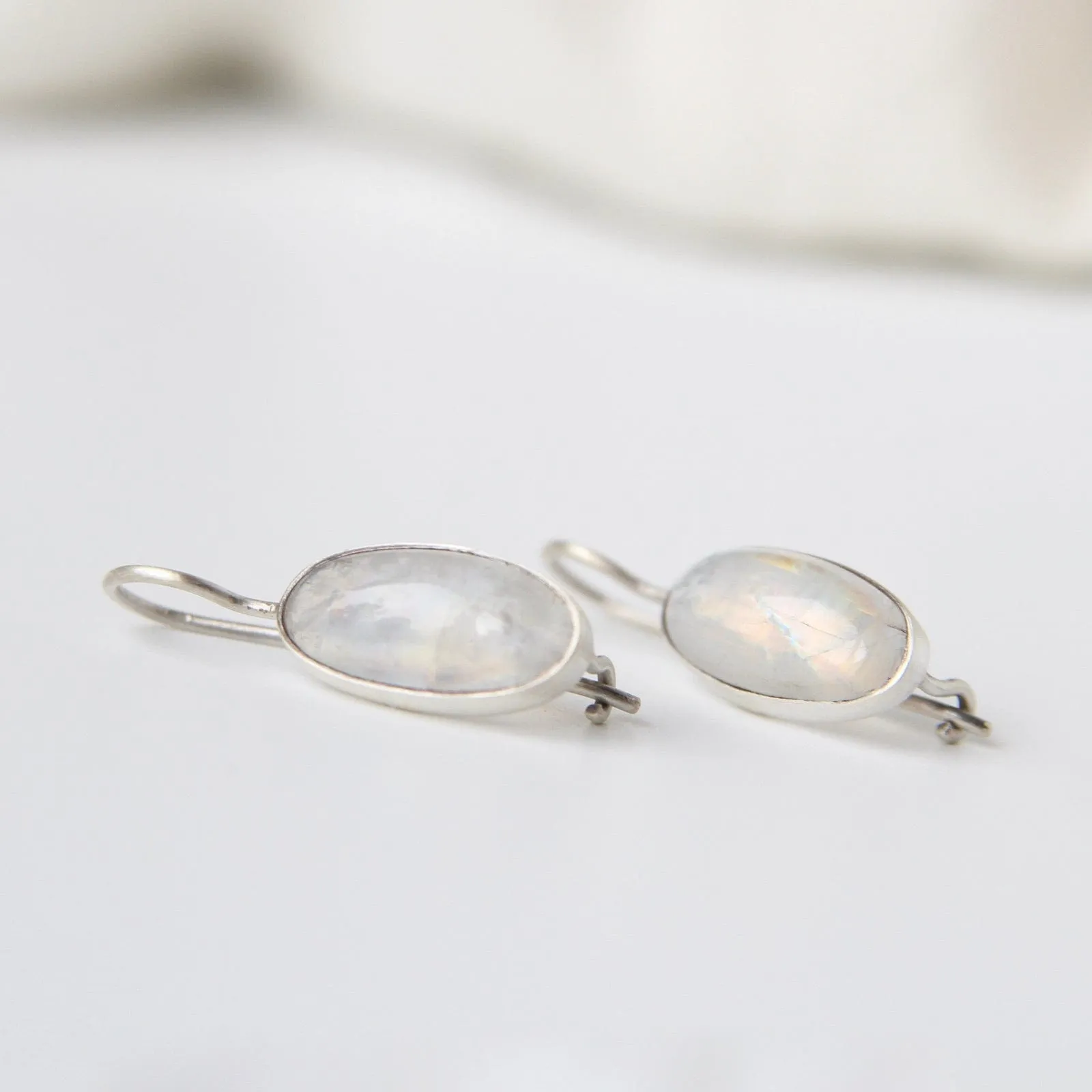 Oval Cabochon Rainbow Moonstone Drop Earrings