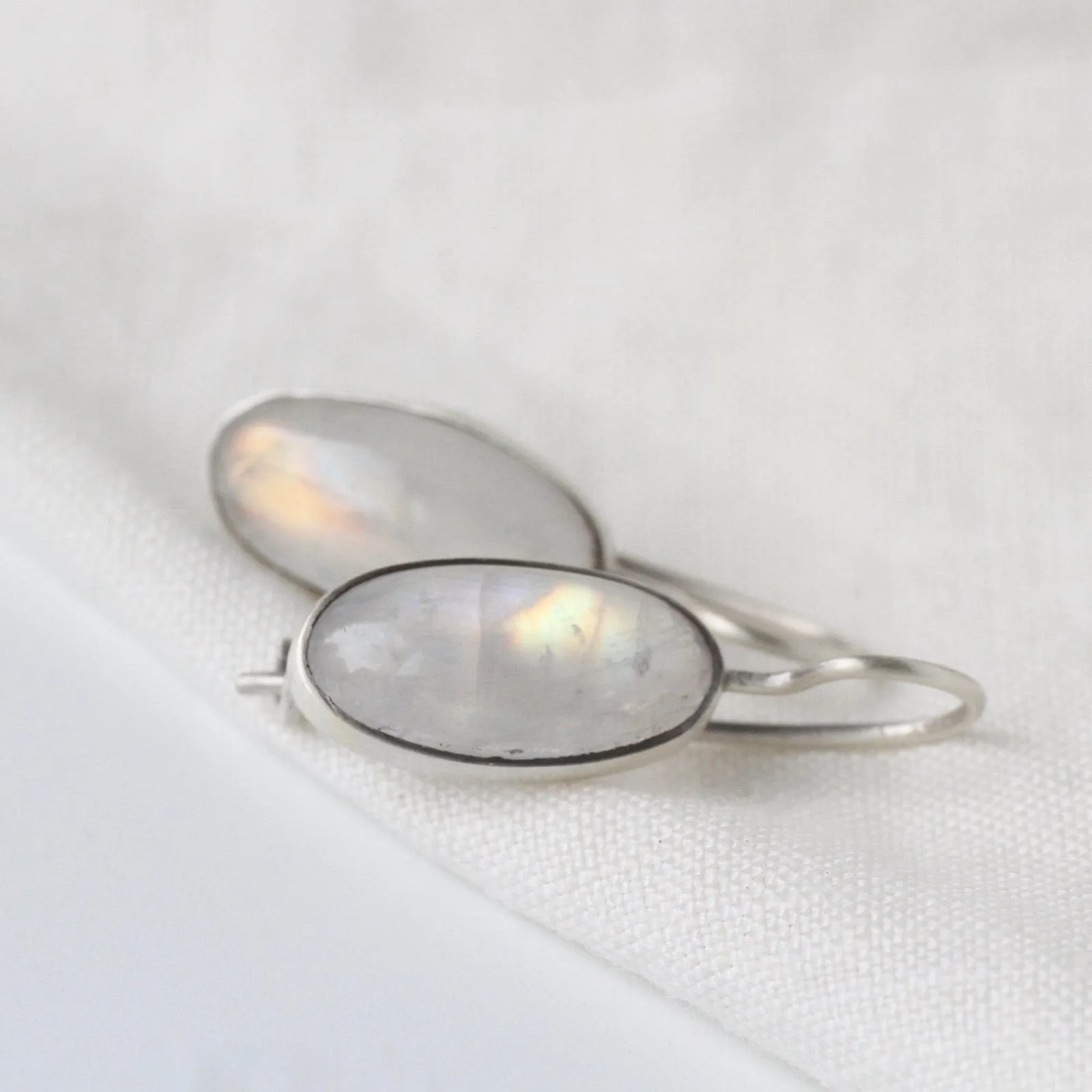 Oval Cabochon Rainbow Moonstone Drop Earrings