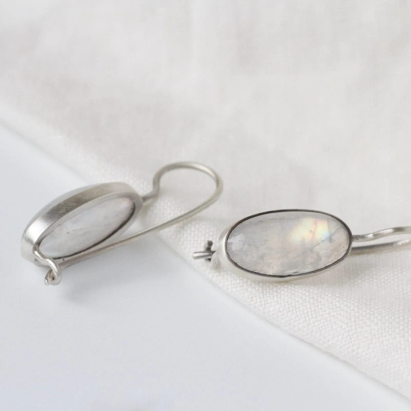Oval Cabochon Rainbow Moonstone Drop Earrings