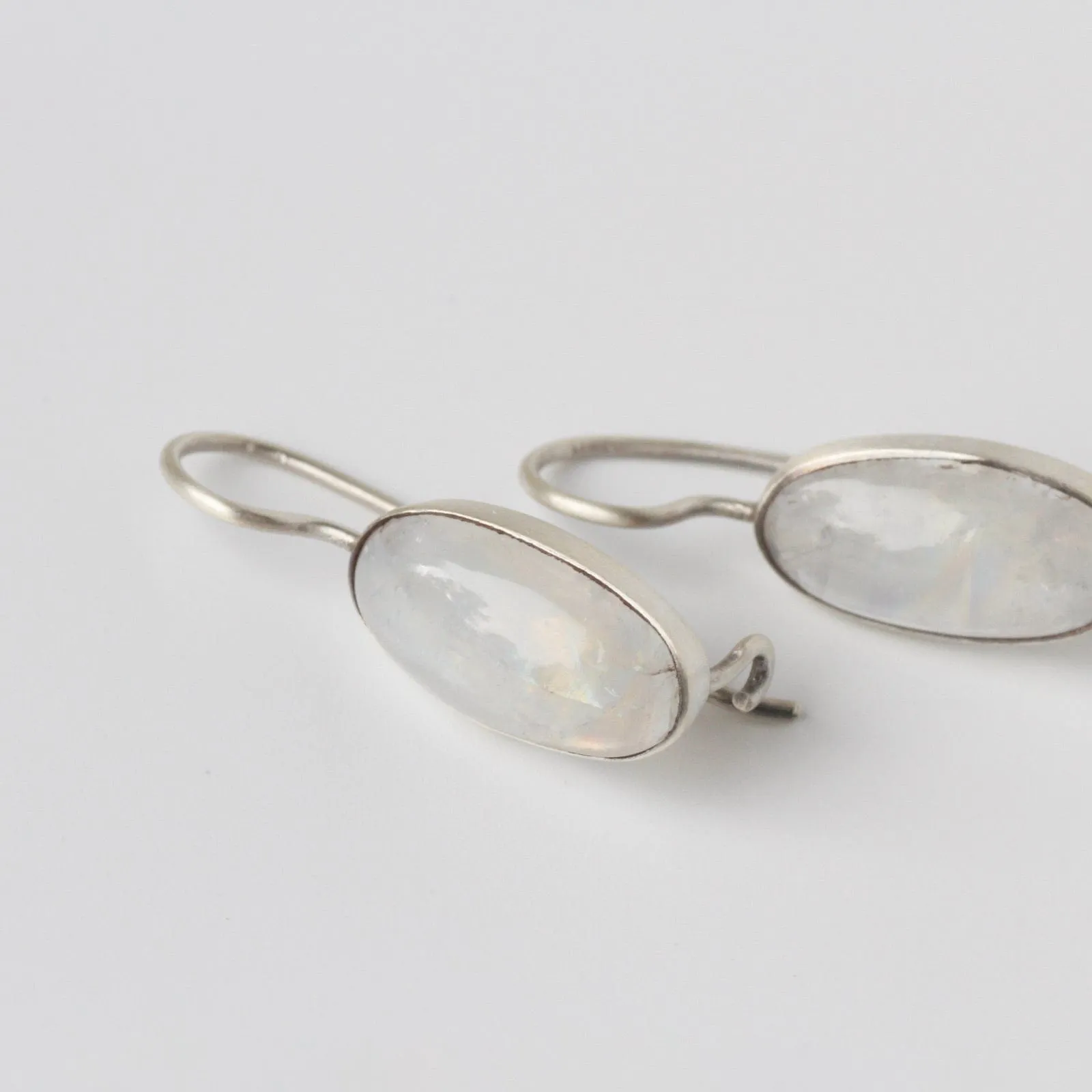 Oval Cabochon Rainbow Moonstone Drop Earrings