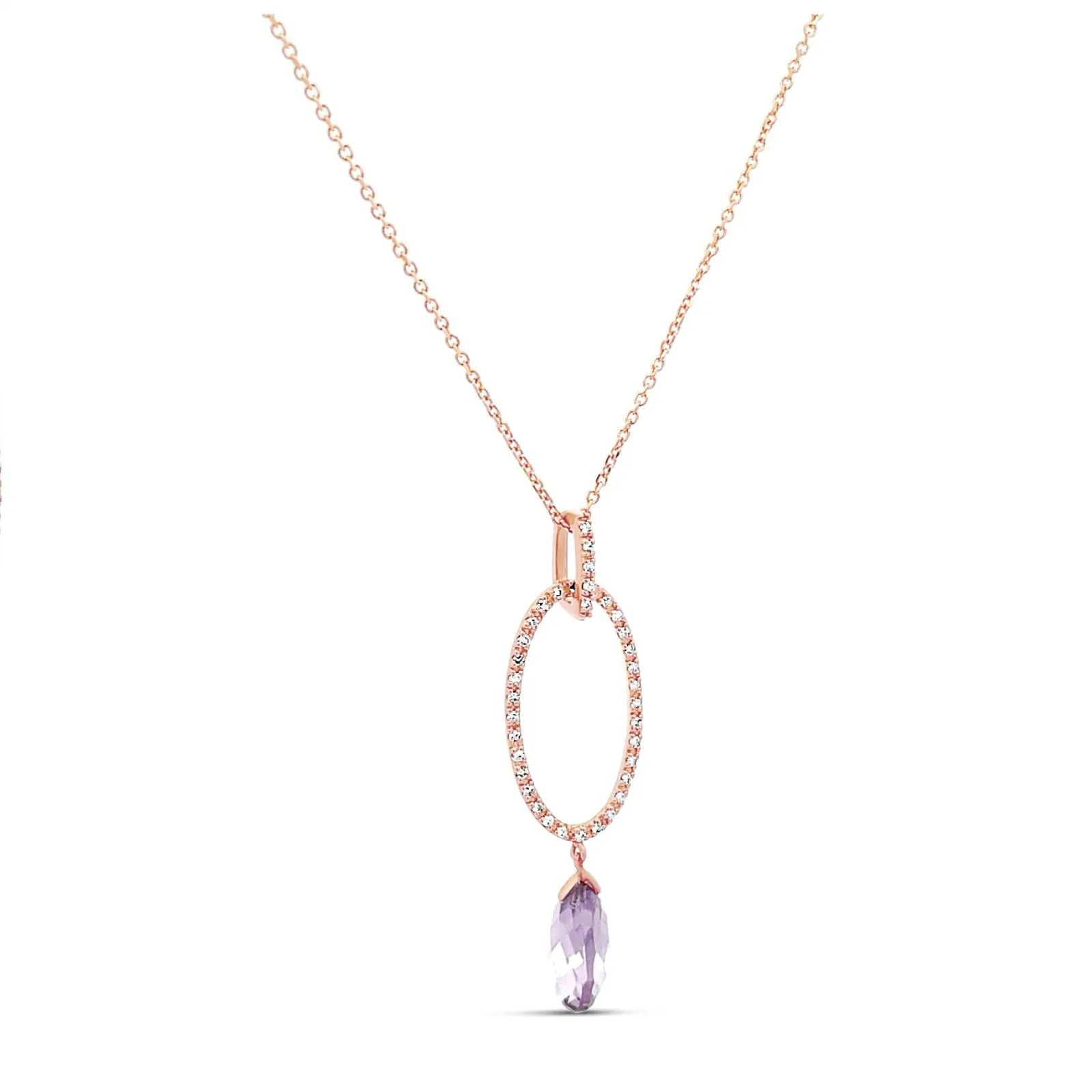 Oval Rose-Gold Diamond Drop Pendant With Amethyst