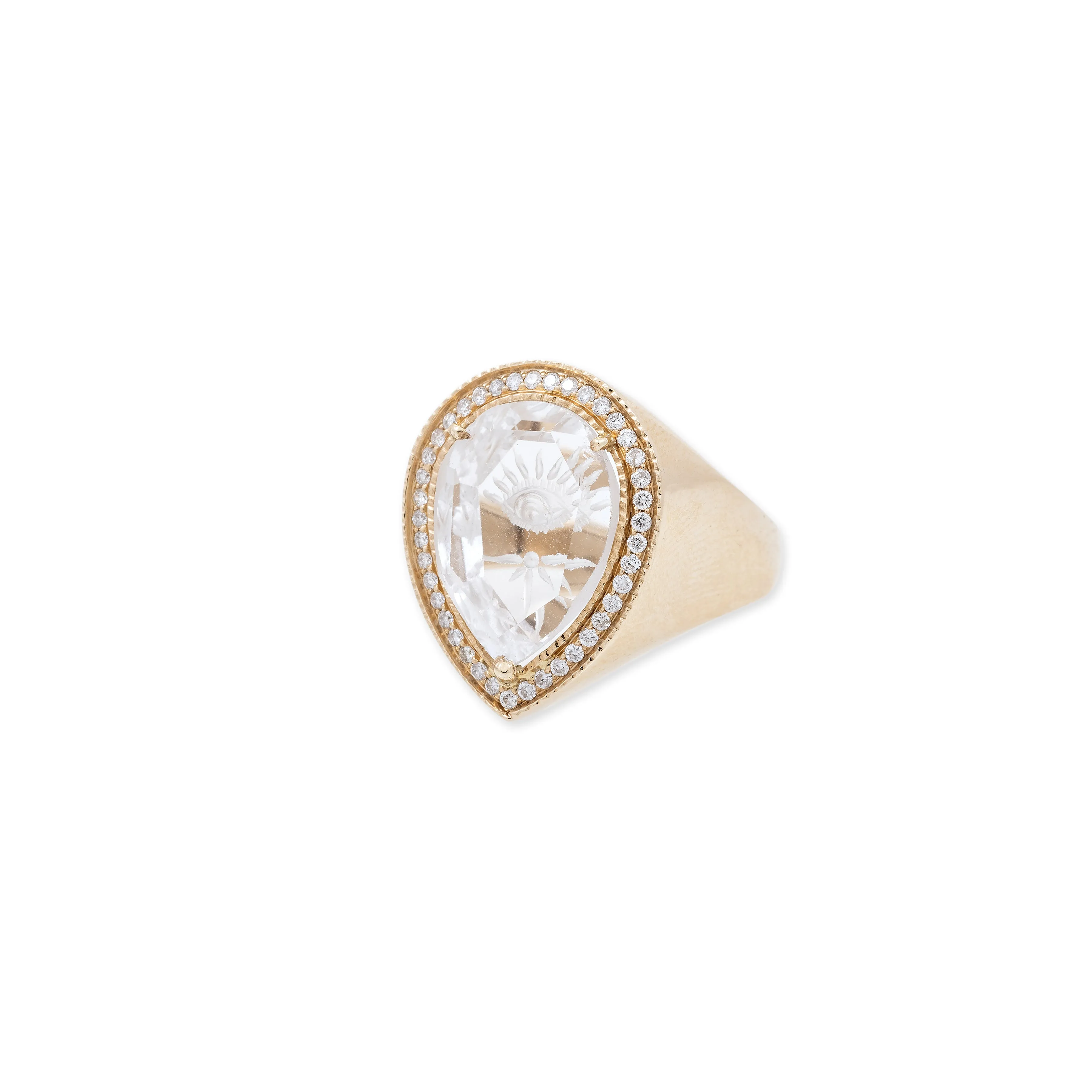 PAVE CARVED EYE BURST CLEAR QUARTZ TEARDROP RING