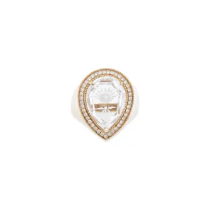 PAVE CARVED EYE BURST CLEAR QUARTZ TEARDROP RING