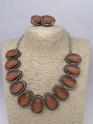 Peachish Brown Carved Oval Stone AD Victorian Polish Short Necklace