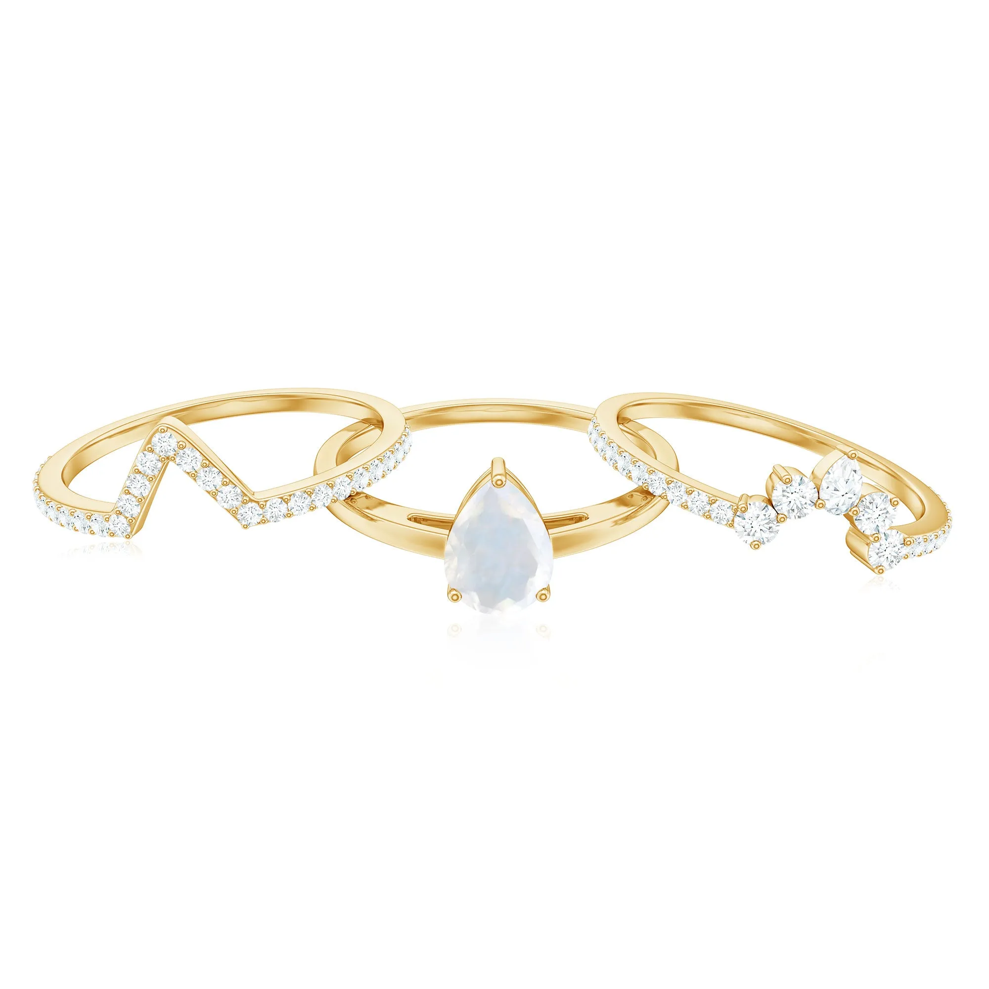 Pear Cut Moonstone Trio Wedding Ring Set with Moissanite