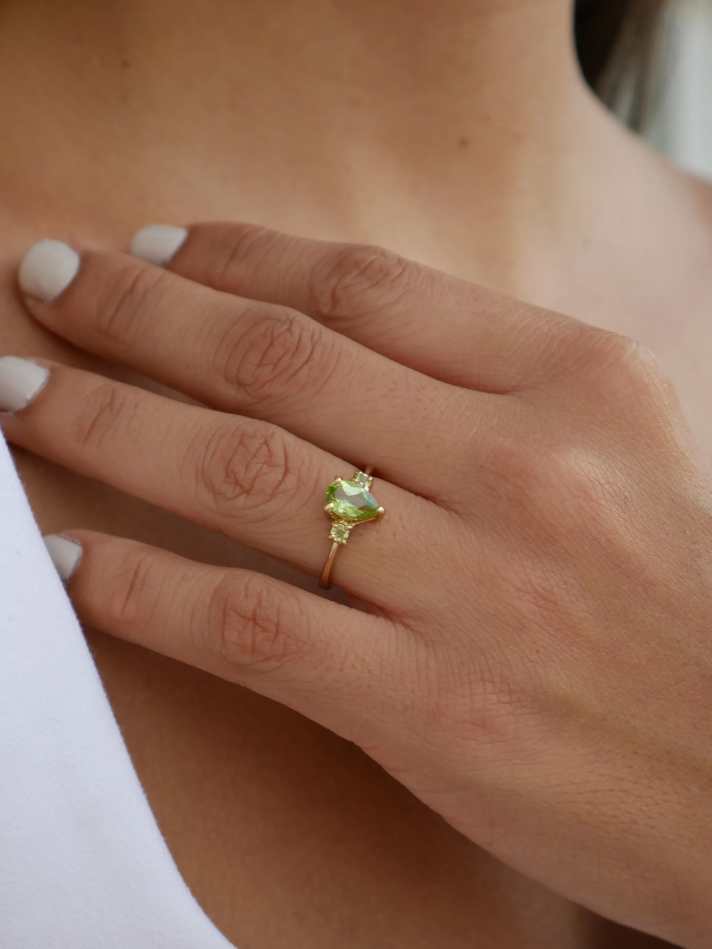 Peridot Three Stone Birthstone Ring 925 Sterling Silver Pear Shape Designer Luxury Dainty Jewelry KESLEY