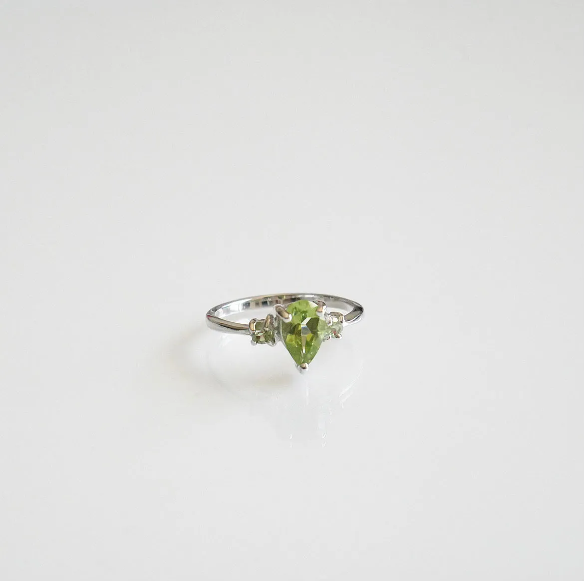 Peridot Three Stone Birthstone Ring 925 Sterling Silver Pear Shape Designer Luxury Dainty Jewelry KESLEY