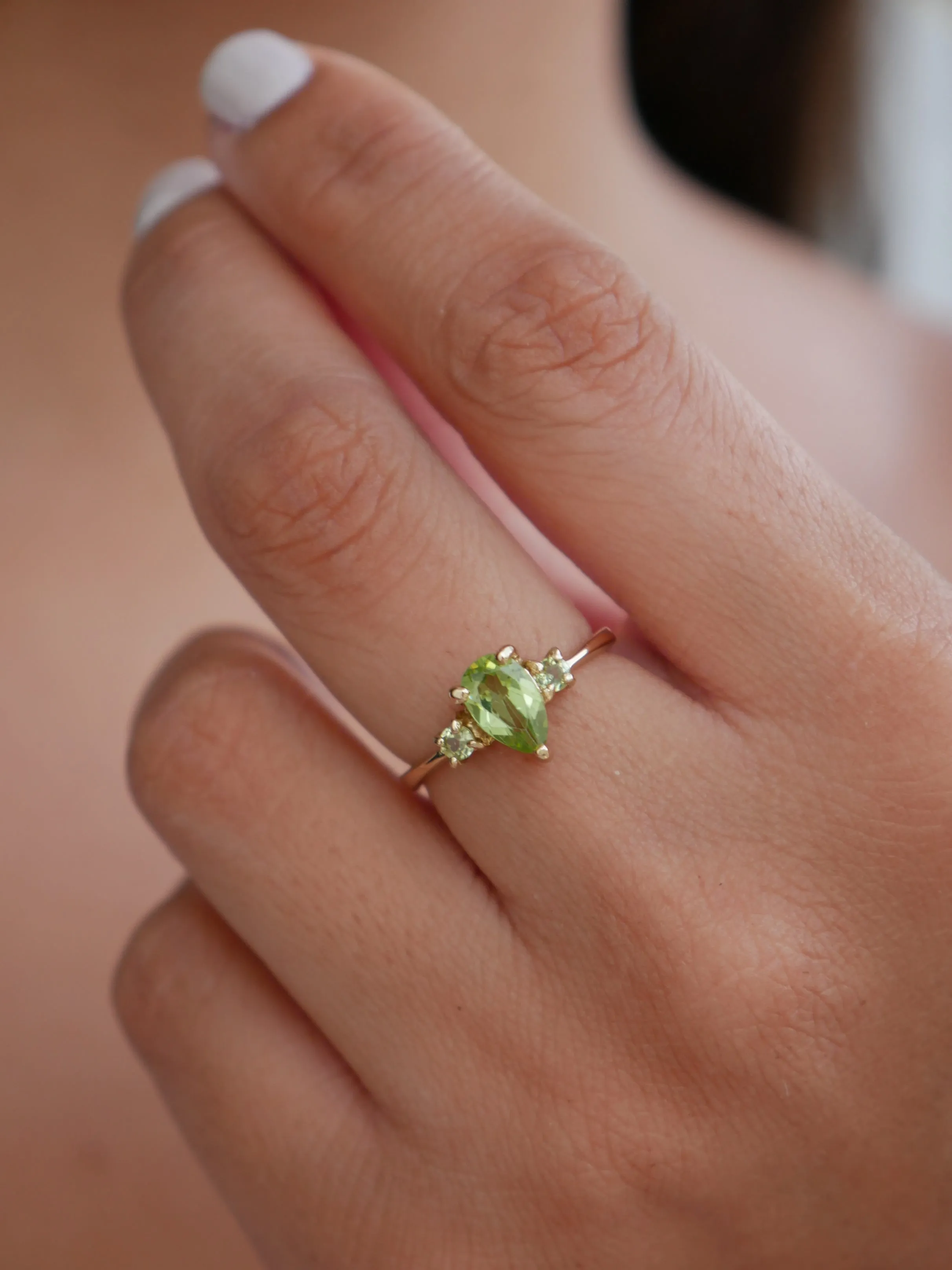 Peridot Three Stone Birthstone Ring 925 Sterling Silver Pear Shape Designer Luxury Dainty Jewelry KESLEY