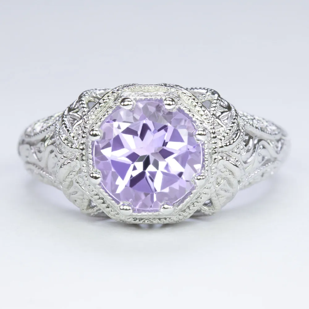 PINK AMETHYST VINTAGE STYLE COCKTAIL RING STERLING SILVER FILIGREE ART DECO