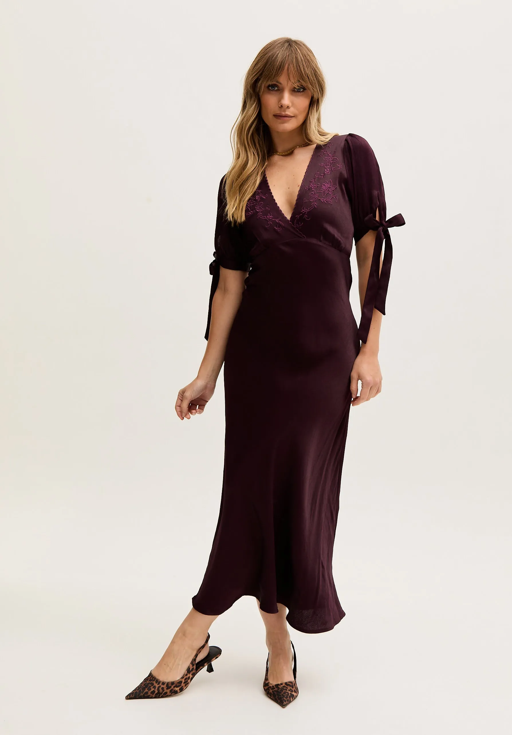 Princess Bias Cut Embroidered Maxi Dress In Purple