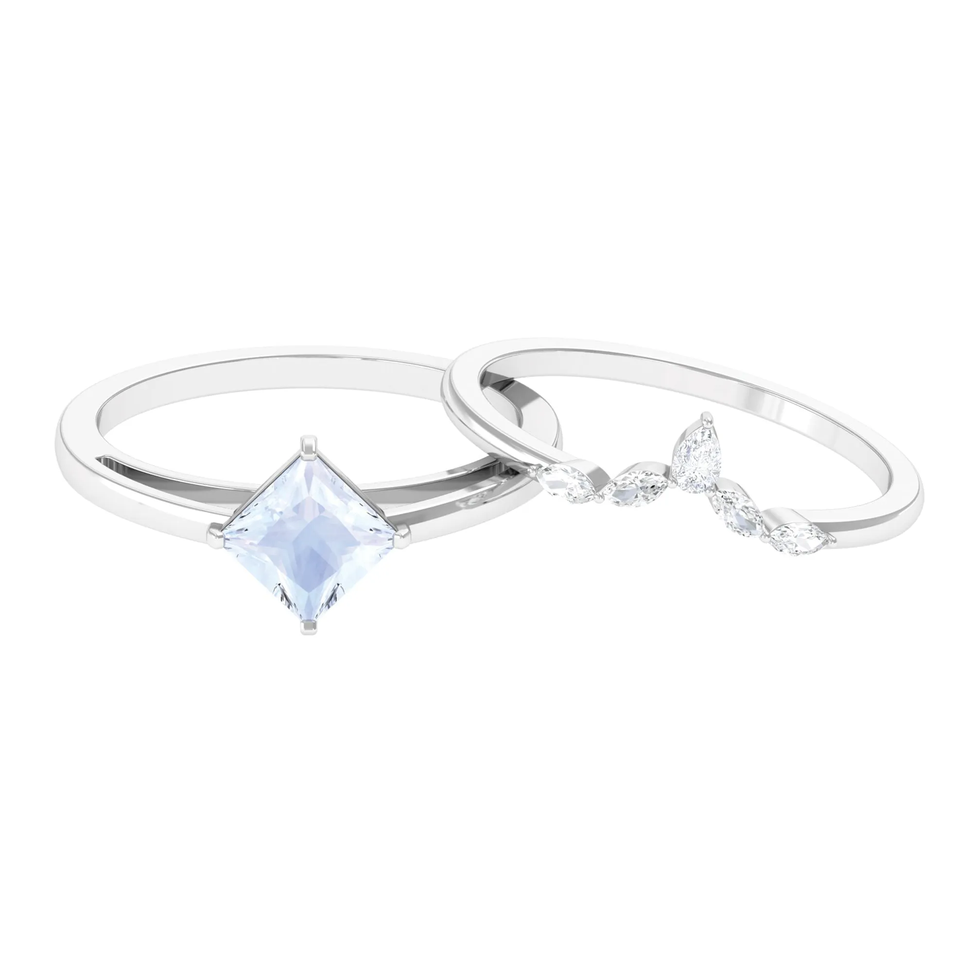 Princess Cut Moonstone and Diamond Solitaire Ring Set