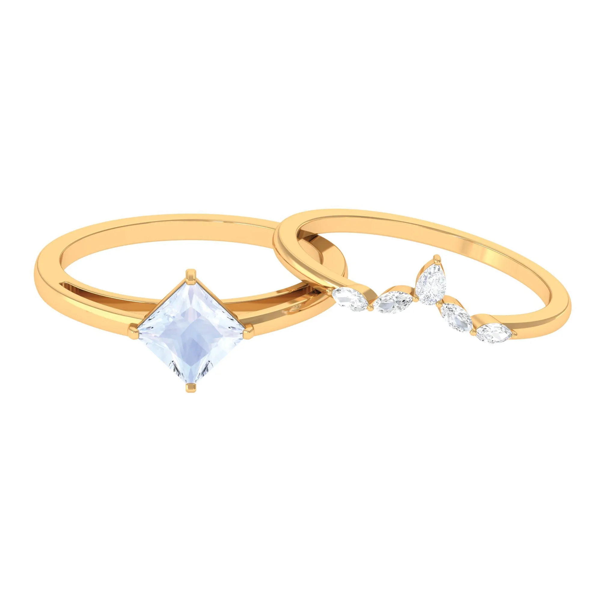 Princess Cut Moonstone and Diamond Solitaire Ring Set