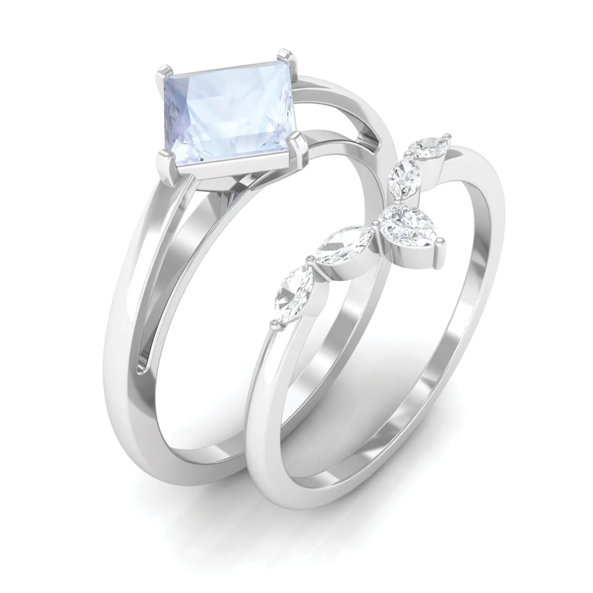 Princess Cut Moonstone and Diamond Solitaire Ring Set