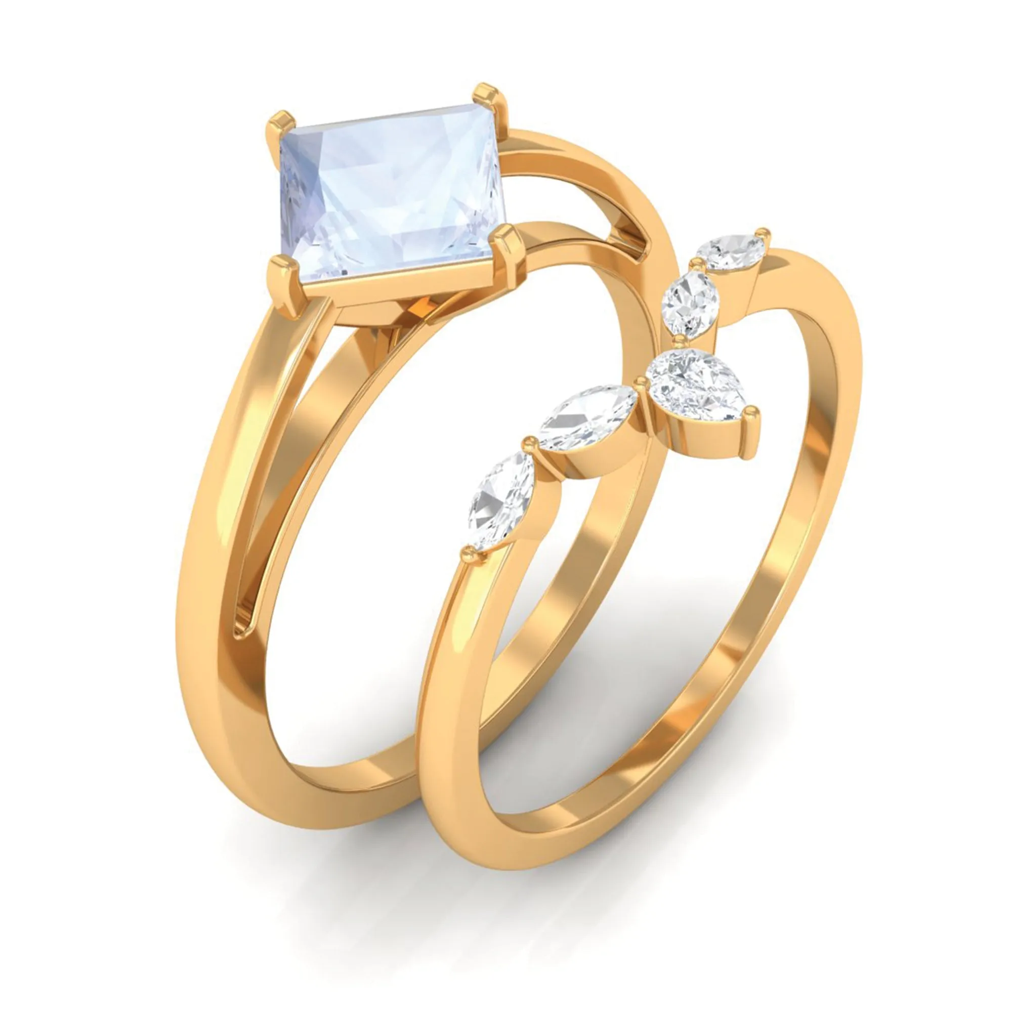 Princess Cut Moonstone and Diamond Solitaire Ring Set
