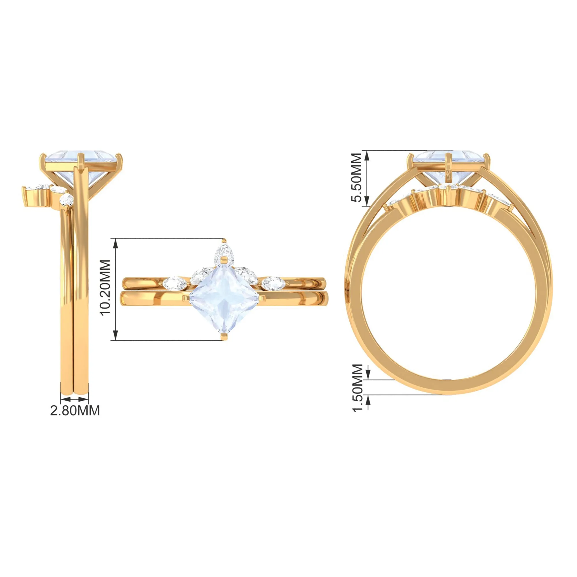 Princess Cut Moonstone and Diamond Solitaire Ring Set