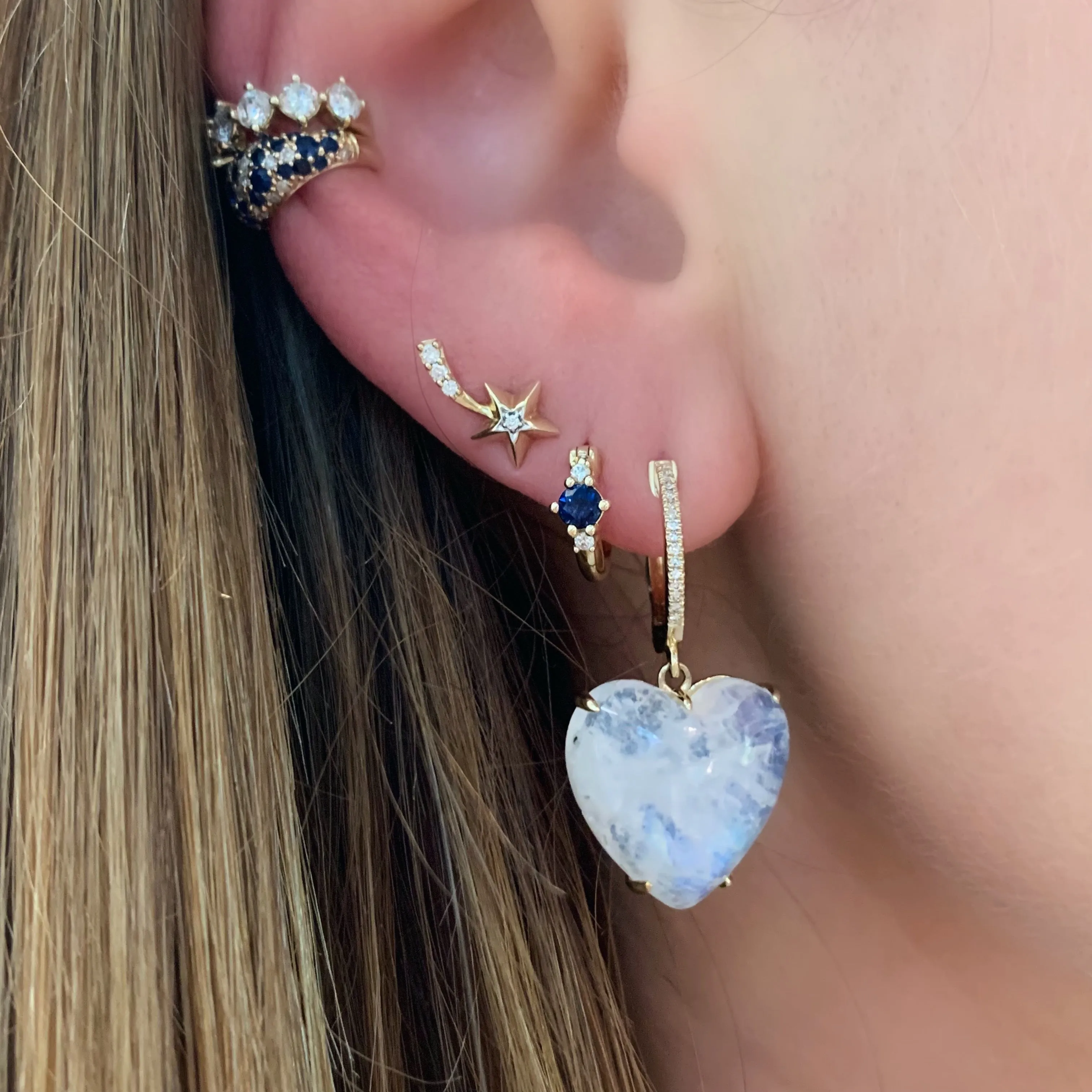 Puffy Moonstone & Diamond Drop Earrings