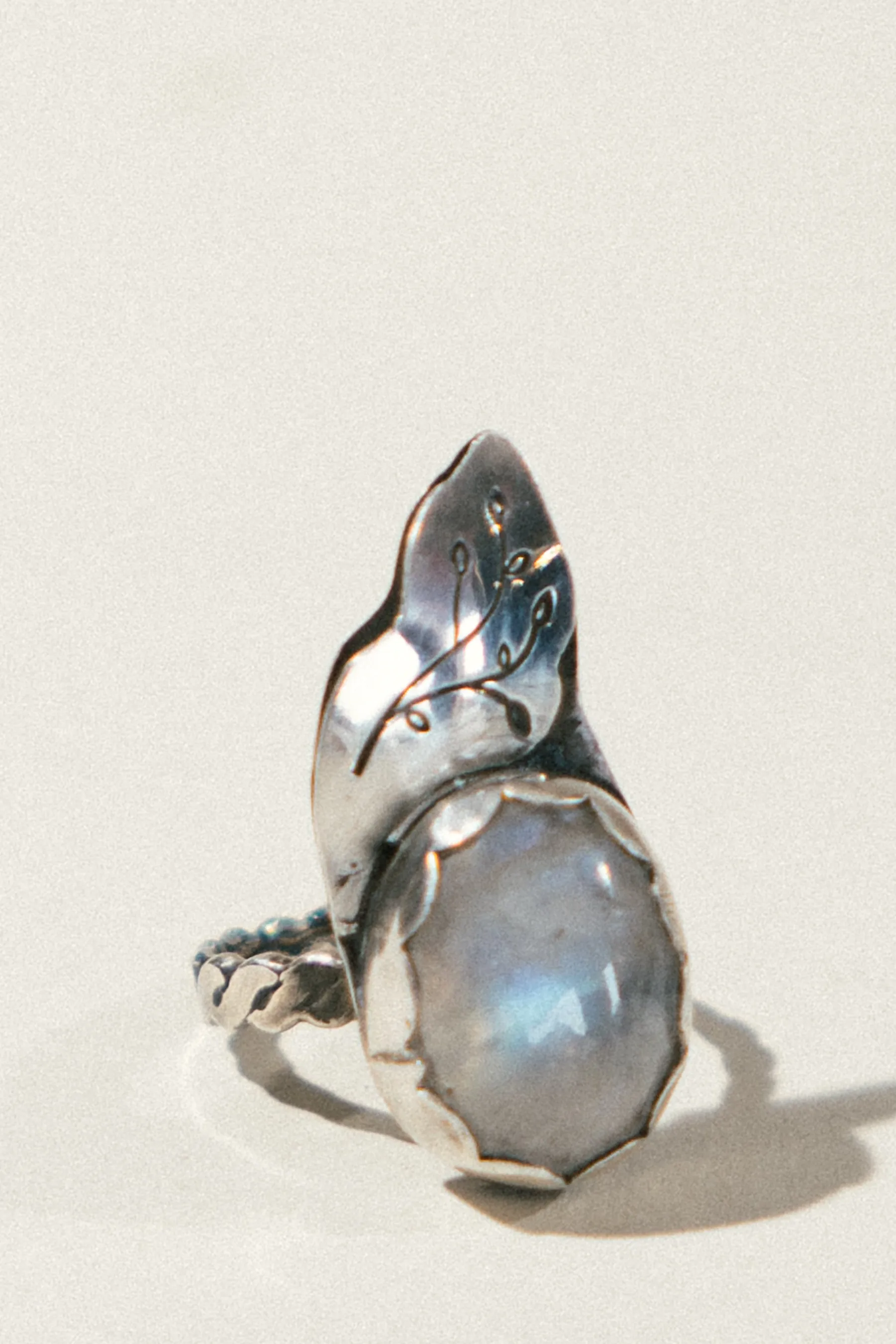 Rainbow Moonstone and Leaf Ring