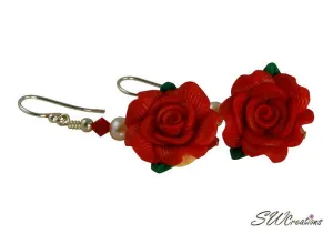 Red Pearl Rose Crystal Beaded Earrings