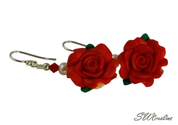 Red Pearl Rose Crystal Beaded Earrings