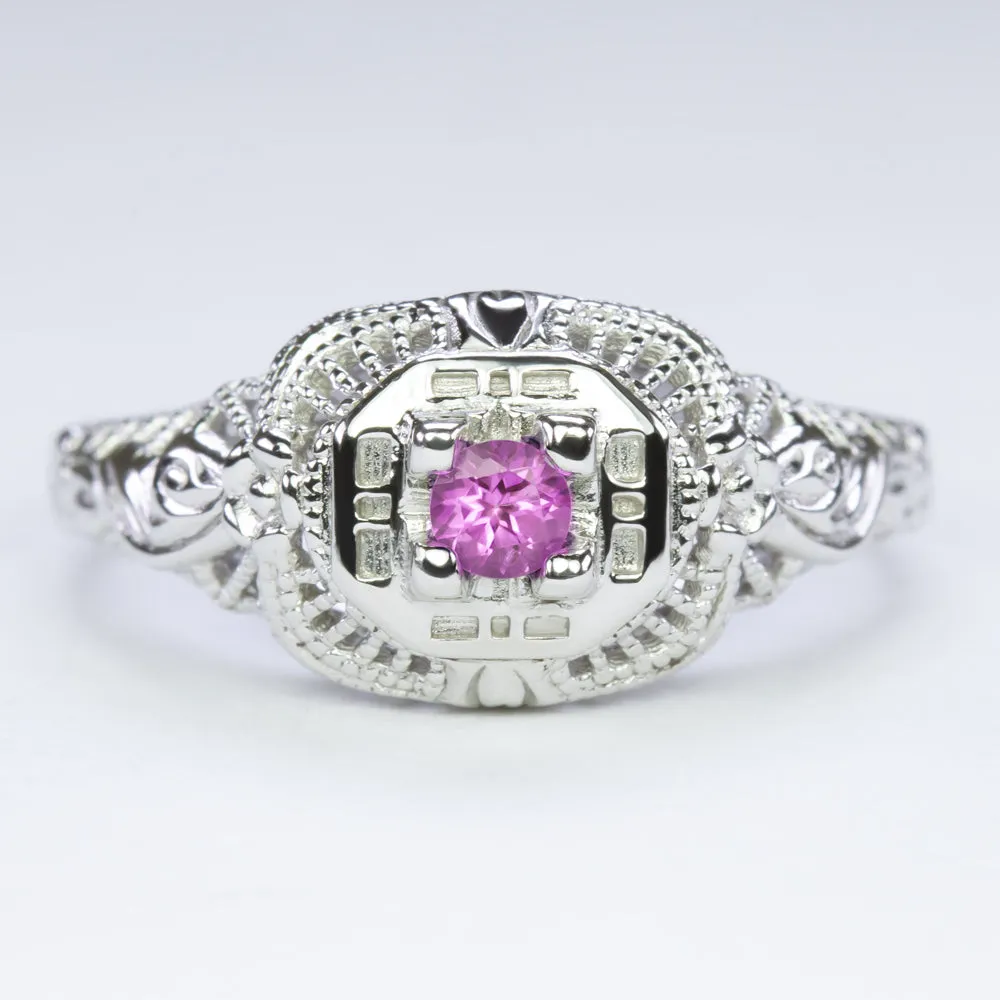 RHODOLITE GARNET STERLING SILVER VINTAGE STYLE COCKTAIL RING FILIGREE DAINTY