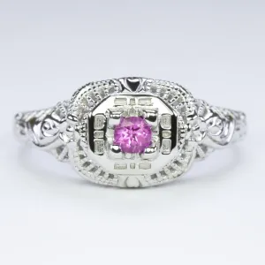 RHODOLITE GARNET STERLING SILVER VINTAGE STYLE COCKTAIL RING FILIGREE DAINTY