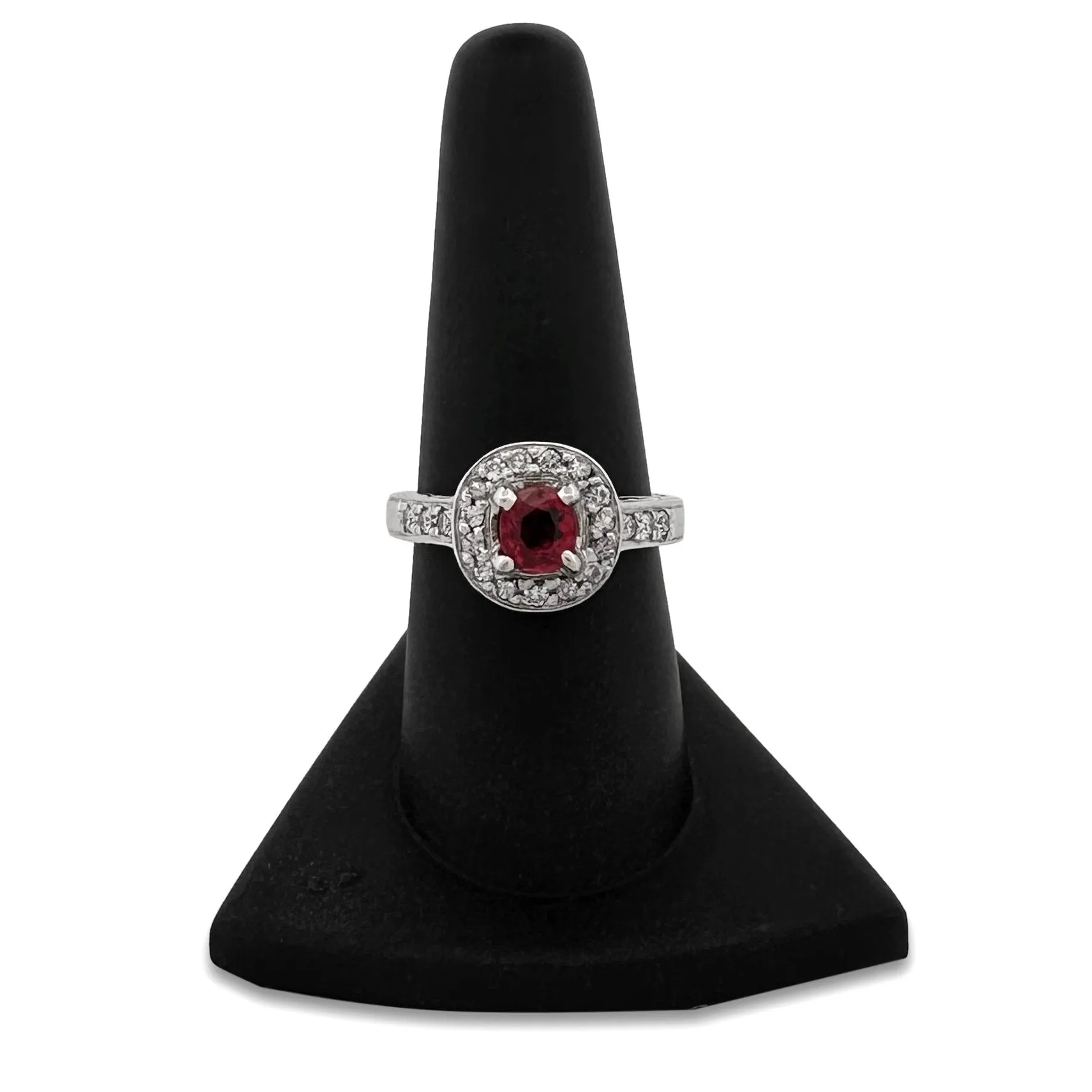 Round Ruby and Round Diamond Halo Cocktail Ring in 14k White Gold