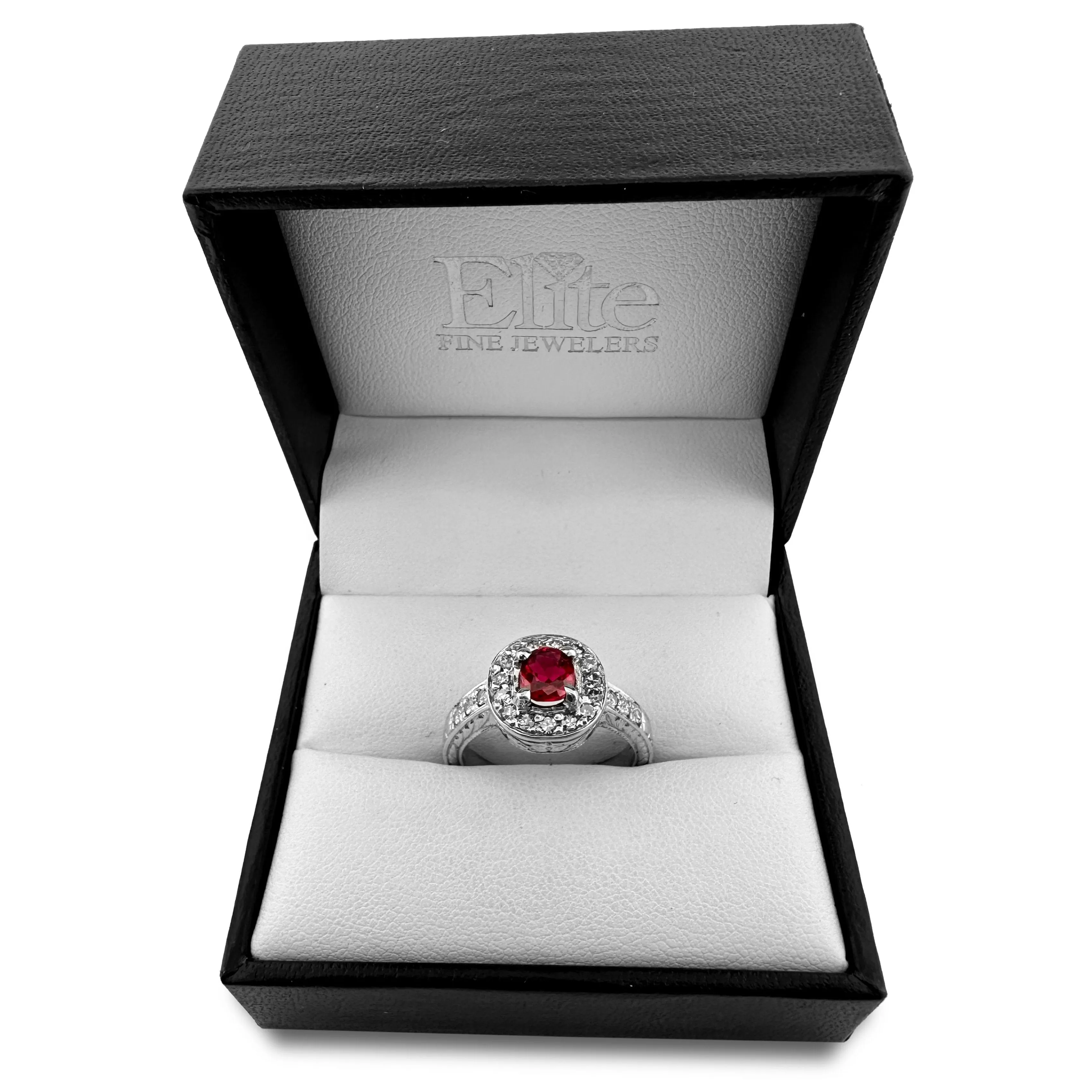 Round Ruby and Round Diamond Halo Cocktail Ring in 14k White Gold