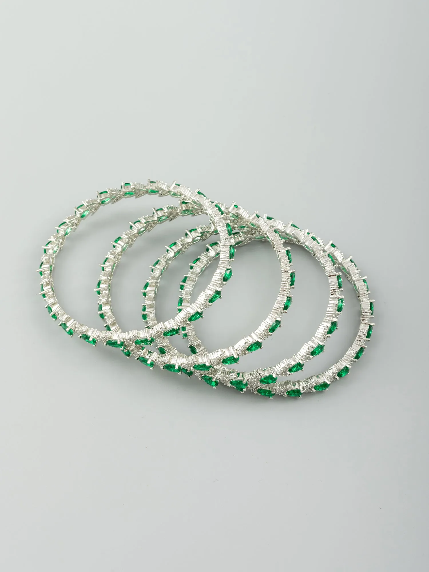 Silver-Plated Bangles Set with Rhodium Finish and Green White Zircon Stones