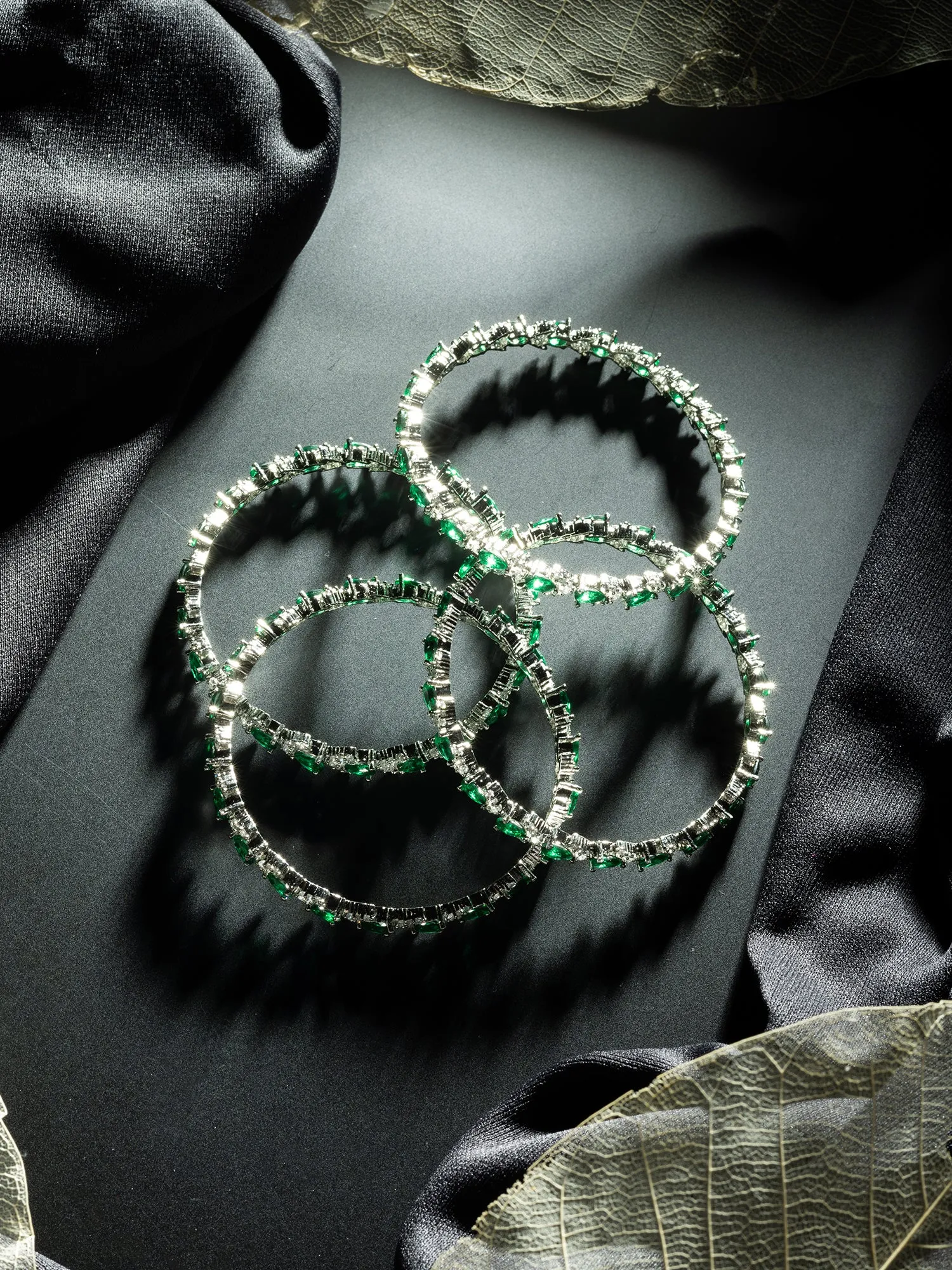 Silver-Plated Bangles Set with Rhodium Finish and Green White Zircon Stones
