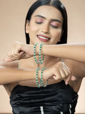 Silver-Plated Bangles Set with Rhodium Finish and Green White Zircon Stones
