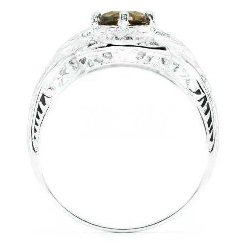 SMOKY QUARTZ STERLING SILVER VINTAGE STYLE COCKTAIL RING ART DECO FILIGREE GEM