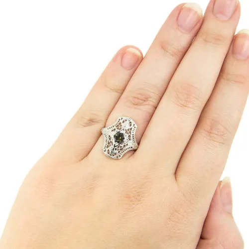 SMOKY QUARTZ STERLING SILVER VINTAGE STYLE COCKTAIL RING ART DECO FILIGREE GEM