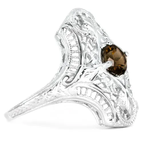SMOKY QUARTZ STERLING SILVER VINTAGE STYLE COCKTAIL RING ART DECO FILIGREE GEM