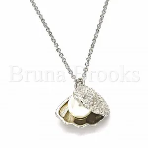Sterling Silver 04.336.0129.16 Fancy Necklace, Shell Design, with White Micro Pave and Ivory Pearl, Polished Finish, Rhodium Tone