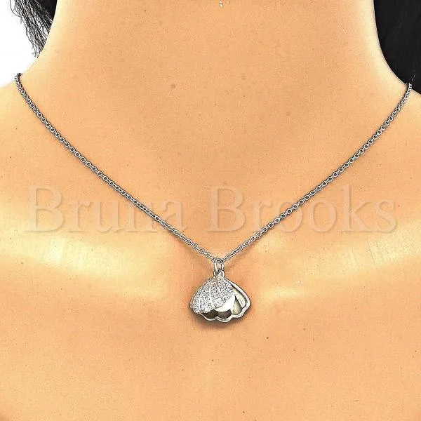 Sterling Silver 04.336.0129.16 Fancy Necklace, Shell Design, with White Micro Pave and Ivory Pearl, Polished Finish, Rhodium Tone