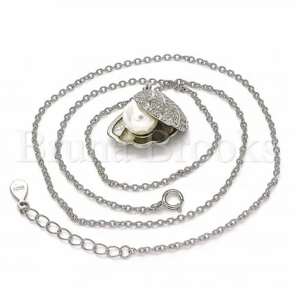 Sterling Silver 04.336.0129.16 Fancy Necklace, Shell Design, with White Micro Pave and Ivory Pearl, Polished Finish, Rhodium Tone