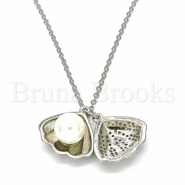 Sterling Silver 04.336.0129.16 Fancy Necklace, Shell Design, with White Micro Pave and Ivory Pearl, Polished Finish, Rhodium Tone