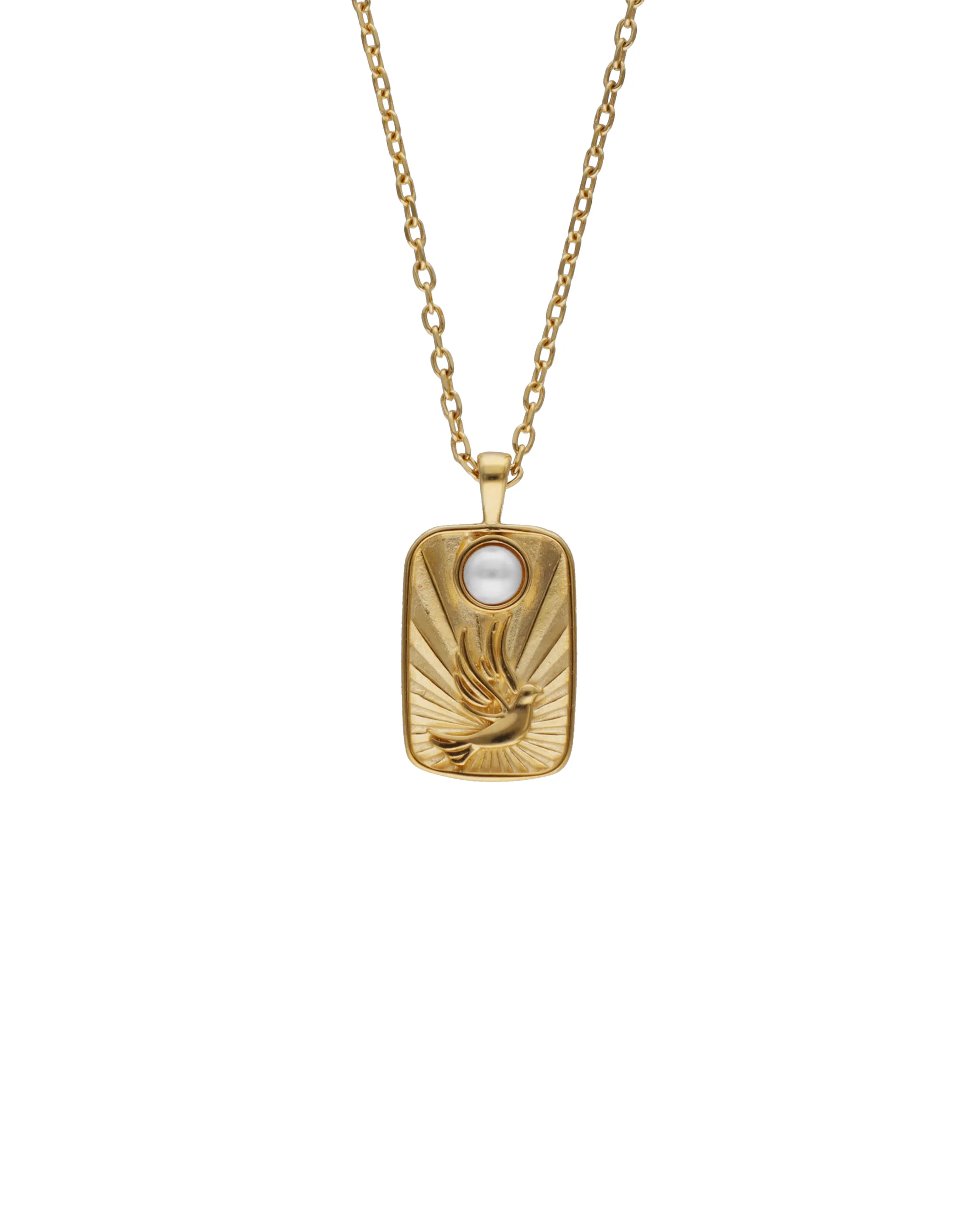 Sterling Silver Gold Plated Chain Necklace with Pendant for Women with Organic Simulated Pearl, 4mm Half  Ball  White Pearl, 37cm Length, Caelum Collection