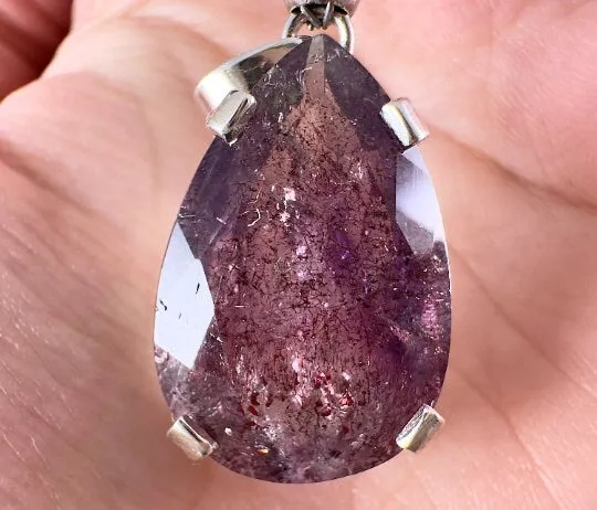 SUPER SEVEN Quartz AMETHYST Crystal Pendant - Sterling Silver, Teardrop - Fine Jewelry, Healing Crystals and Stones, 54125