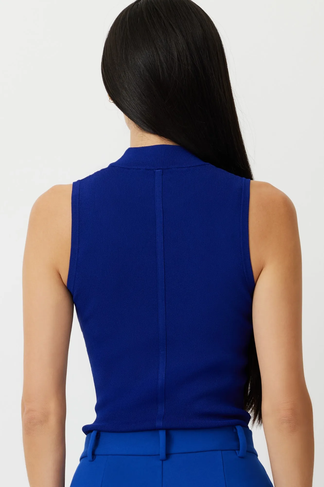 The Gisele - Lapis Blue Sleeveless Mock Neck Knit Top | Pointelle Detail