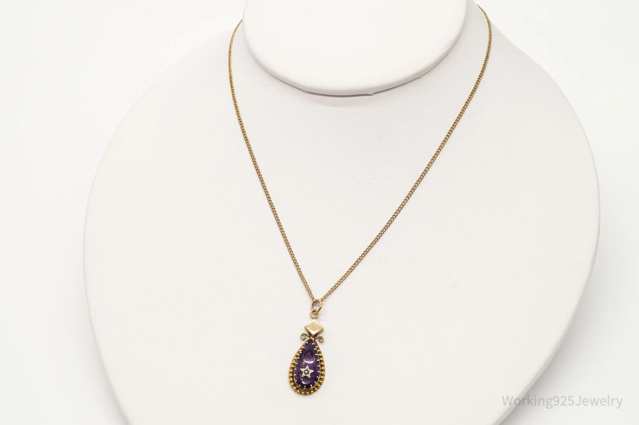 Vintage Amethyst Glass Seed Pearl Antique Style Gold Vermeil Necklace