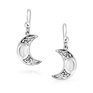 White Rainbow Moonstone Celtic Knot Dangle Gemstone Earrings  Silver