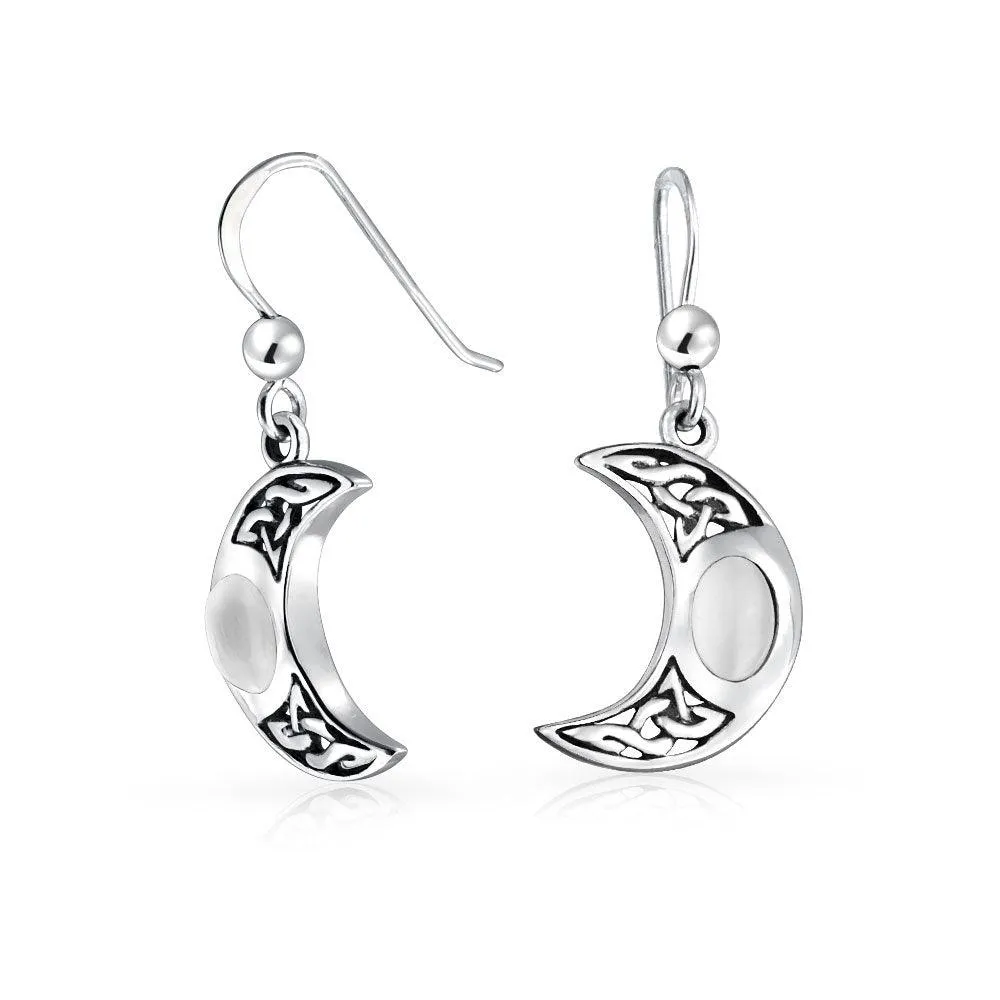 White Rainbow Moonstone Celtic Knot Dangle Gemstone Earrings  Silver