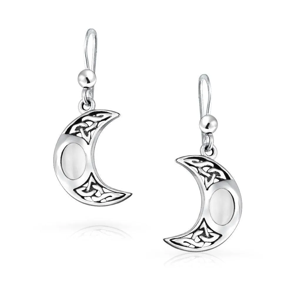 White Rainbow Moonstone Celtic Knot Dangle Gemstone Earrings  Silver
