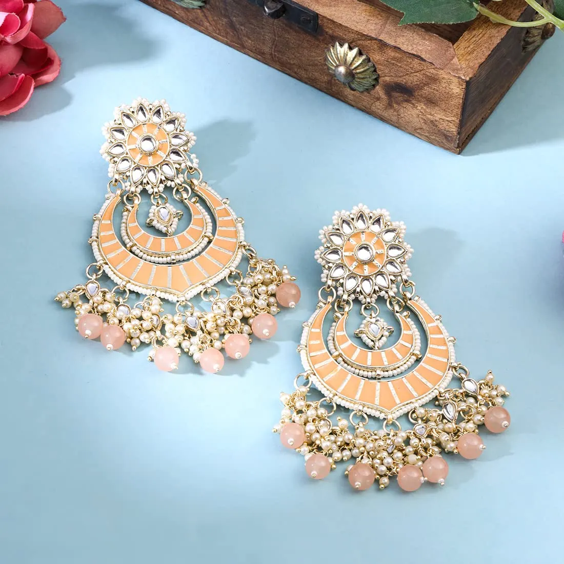 Yellow Chimes Earrings for Women and Girls Meenakari Chandbali | Gold Plated Pink Meenakari Chand Baliyan Earrings | Birthday Gift for girls and women Anniversary Gift for Wife