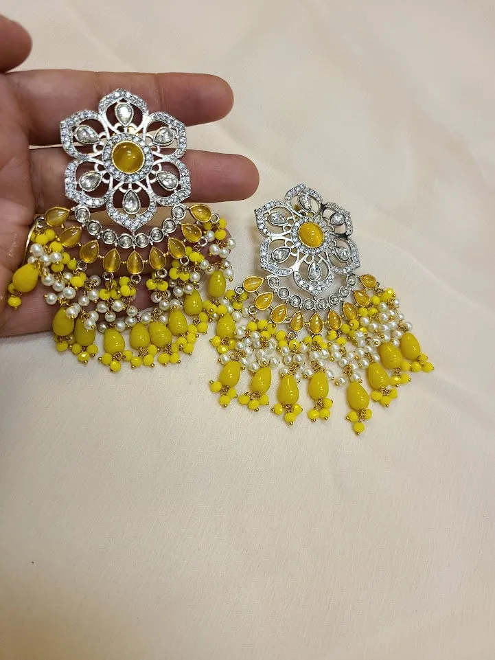 Yellow floral kundan and CZ statement earrings