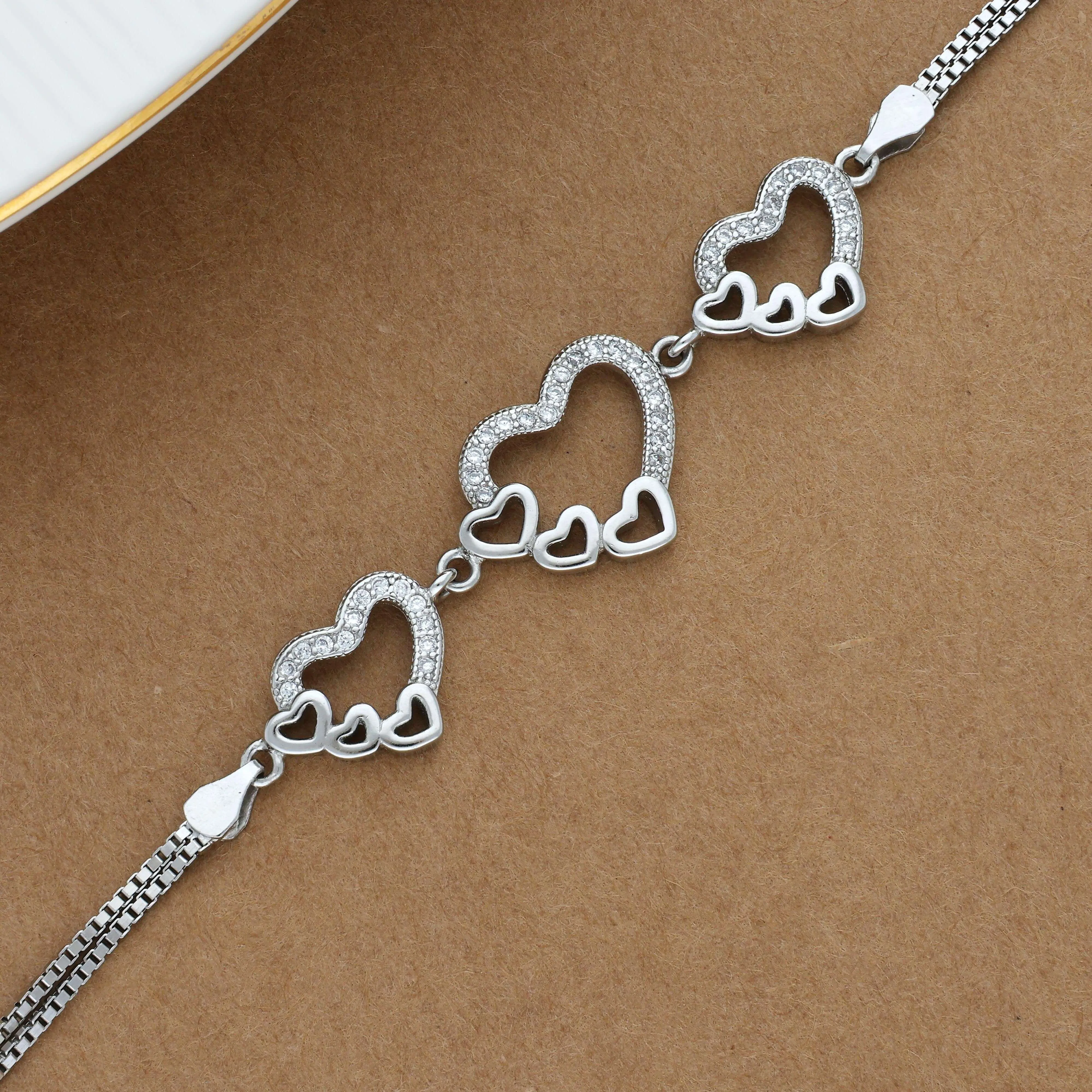 Zircon Studded Heart Multi Interlocked Silver Bracelet